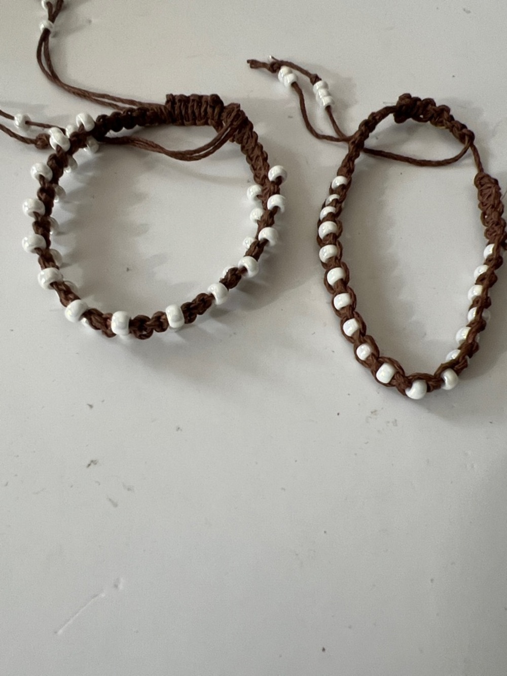 Brown Macramé Beaded Friendship Bracelets with White Beads (Set of 2)